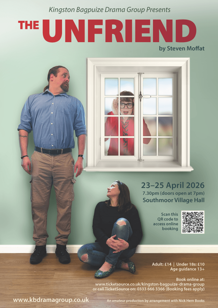 A poster for KBDG's next production, featuring cast hiding from a visitor in a window. 